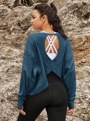 Panadila Womens Open Back Workout Tops Long Sleeve Shirts | Pilates Outfits, Cropped T Shirts, Backless Athletic Clothes, Casual, Trendy, Running, Yoga, Gym thumbnail 3