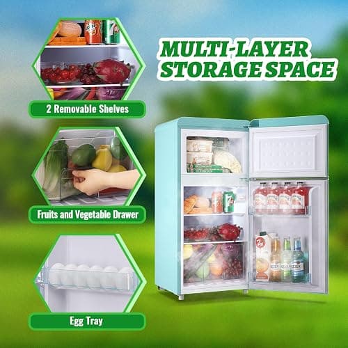 DEMULLER Small Refrigerator with Top Freezer 100Liter Retro Mini Fridge with Adjustable Glass Shelving, 7 Temperature Control and LED Lighting, Retro Mint Blue thumbnail 7