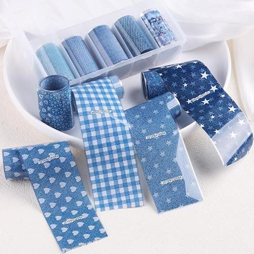 FSpronail Denim Nail Foil Transfer, 10 Rolls/Box Blue Jeans Prints Plaids Nail Stickers Foil Transfer Sheets Hearts Stars Decals Starry Paper Punk Decoration Manicure Wraps Pegatinas Uñas Salon Supply thumbnail 2