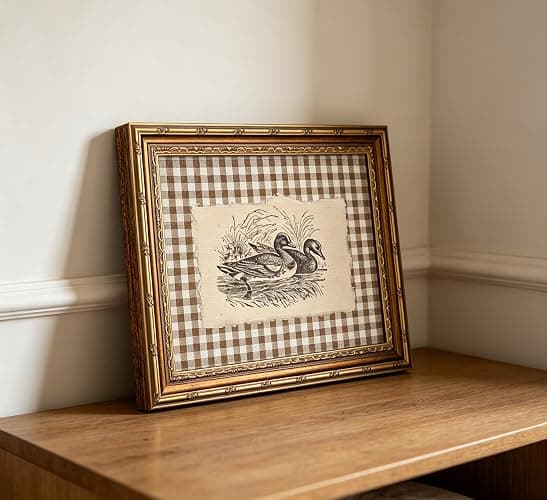 Vintage Gold Framed Wall Art, Brown Gingham Sketch Ducks Canvas Prints, Retro Rustic Farmhouse Animal Picture Wall Decor, Country Cottagecore Goose Poster Artwork for Living Room Bedroom thumbnail 7