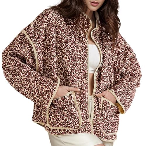 Yimoon Women's Cropped Puffer Quilted Jacket Vintage Floral Print Open Front Lightweight Short Jacket Outerwear - Image 1