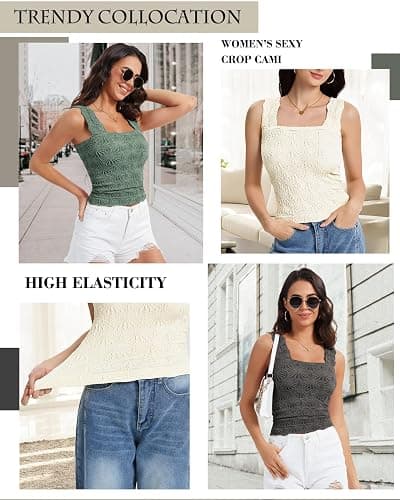 Women's Square Neck Wide Strap Crop Tank Tops Slim Fit Sleeveless Going Out Top Flower Lettuce Trim Cami Tops - Small - Emerald Green thumbnail 6