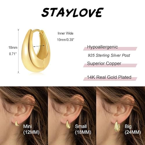 STAYLOVE Small Chunky Gold Hoops Teardrop Huggie Earrings 925 Sterling Silver Post 14k Gold Plated Oval Thick Hoop Earrings for Women thumbnail 5