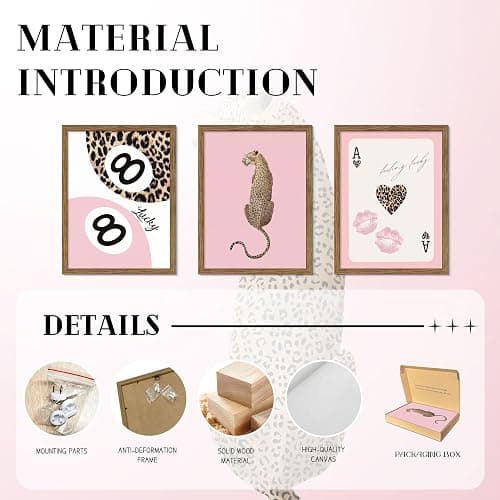Framed Pink Trendy Wall Art Set of 3, Cheetah Print and Lucky 8 Ball Pictures Wall Decor, Vintage Preppy Paintings Canvas Prints Y2K Aesthetic Room Decor for Teen Girls Room Bedroom Bathroom 12x16 Inch Ready to Hang thumbnail 2