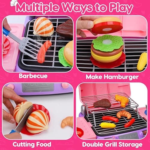 Kids BBQ Grill Playset with Coooking Apron Hat Toddler Girl Pink Kitchen Toy Ages 3-5 4-8 Pretend Smoke Sound Light Outdoor Barbecue Accessories Toy for 3 4 5 Year Old Girl Birthday Gift thumbnail 5
