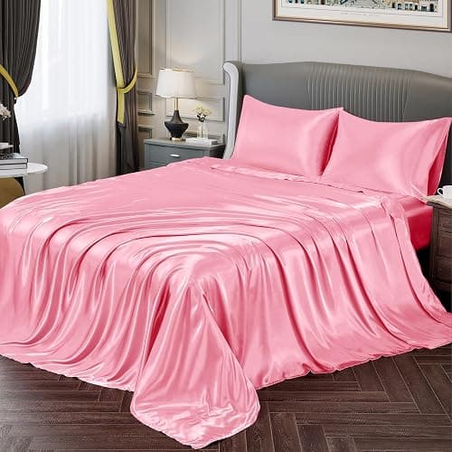 Vonty Satin Sheets Full Size Silky Soft Satin Bed Sheets Bright Pink Sheet Set, 1 Deep Pocket Fitted Sheet + 1 Flat Sheet + 2 Pillowcases - Image 1