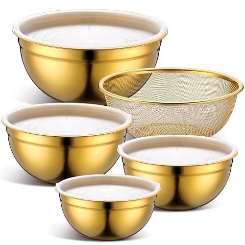 Teenyyou Gold Mixing Bowls with Airtight Lids Stainless Steel Mixing Bowl Set of 5, 4 Metal Nesting Organizers 4 in 1 Colander Non-slip Bottom Size 1.5, 2.0, 2.5, 4.0 Qt for Baking Serving Food - Image 1