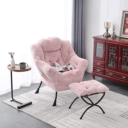 LITA Lazy Chair with Ottoman, Modern Accent Leisure Upholstered Sofa, Contemporary Lounge Reading Chair with Armrests and a Side Pocket for Living Room, Bedroom & Small Spaces, Plush Pink thumbnail 5