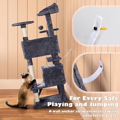Yaheetech 54in Cat Tree, Multi-Level Cat Tower with Spacious Kitten-ear Perch, 2 Cozy Caves, Scratching Posts, Climbing Ladder, 2 Plush Balls, Durable Pet House Furniture for Indoor Kittens, Dark Gray thumbnail 9