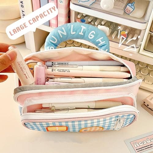 FOSDICK Cute Pencil Case for Girls, Kawaii Pencil Cases, Pink Pencilcase with compartments, Pencil Pouch with Handle, for Girls Student Teenage School Office, with 4 Pencil Grips and 2 PP Clips thumbnail 3