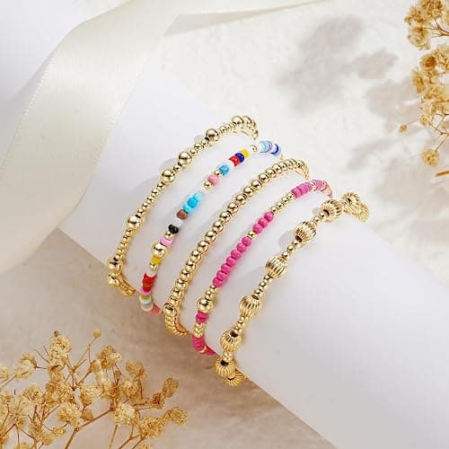 Turandoss 5PCS Gold Beaded Bracelets for Women Teen Girls, 14K Gold Plated | Stacked Beads Bracelet Set, Turquoise Cross Pearl Charm, Waterproof, 7 Inch Stretch Elastic, Bracelet for Women Teenage Girls thumbnail 6