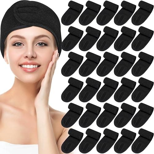 Hoteam 30 Pack Spa Headband Facial Esthetician Hair Wrap for Women Adjustable Makeup Sports Shower Stretch Towel with Tape(Black) - Black - Image 1