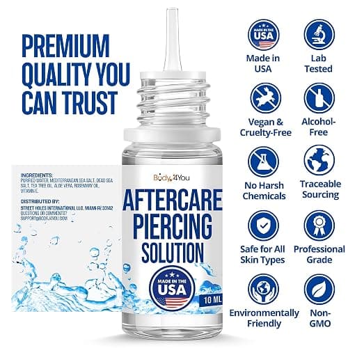 BodyJ4You Piercing Aftercare Drops - Saline Solution Natural Keloid Bump Removal - Ear Piercing Cleaner Nose Septum Belly Button Cartilage - Tea Tree Oil Sea Salt Aloe Rosemary - 0.33 Fl Oz | Cleans New Piercings Ear Nose - Soothes Septum Belly Button - Sea Salt Aloe Keloid Bump Care Travel Size 0.33 Fl Oz Dropper thumbnail 8
