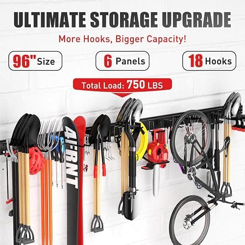 ZICANYCO Garage Tool Organizer Wall Mount 96 inches with 18 Adjustable Heavy-Duty Hooks, Garage Organization, Garden Tool Storage Rack, Yard, and Shed, Holds Up to 750 lbs thumbnail 3