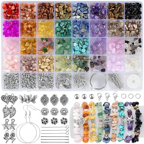 Funtopia 32 Colors Crystal Beads Kit for Jewelry Making,1200 Pcs Natural Gemstone Beads Bracelet Making Kit Adults 5-8mm Irregular Crystals and Stone Bead Chips for Bracelet Necklace Earring DIY Craft - Image 1