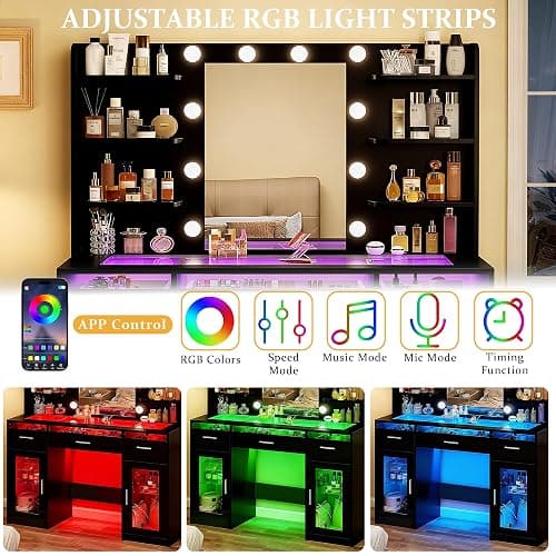 HUAHUU Vanity Desk, Makeup Vanity Desk with Mirror and Lights 3 Colors, Transparent Top with 3 RGB Drawers, 6 Shelves, 2 Large Tempered Cabinets, Power Outlet, for Bedroom, Black thumbnail 4