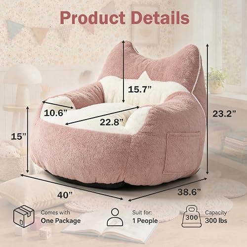 Bean Bag Chair for Teen Adults, Memory Foam Fluffy Cat Bean Bag for Personal Apartment, Bedroom and Living Room Accent Floor Chair Sofa for Comfy Relaxing Reading（Pink） thumbnail 2