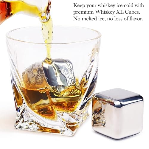 4 XL Stainless Steel Whisky Ice Cubes, Special Tongs & Freezer Pouch in Luxury Gift Box for Whiskey Lovers! thumbnail 5