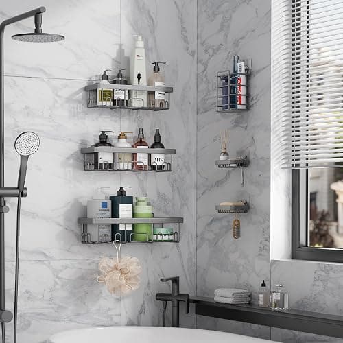 Veken 6-Pack Rustproof & Waterproof Shower Caddy, Adhesive Shelves Rack, Large Capacity Bathroom, College Dorm & Apartment Organizers, No-Drill Wall Mount Living Room & Bedroom Decor, Light Grey thumbnail 5