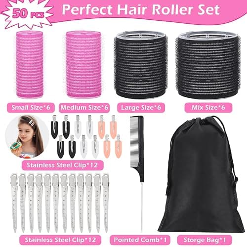 50Piece Hair Rollers Set, Self-Grip Rollers Hair Curlers for Long Medium Short Hair, 4 Sizes of Hair Rolls(6 Jumbo + 6 Large + 6 Medium + 6 Small + 1 Storage Bag), and 24Pcs Clips/1Pcs Comb thumbnail 3