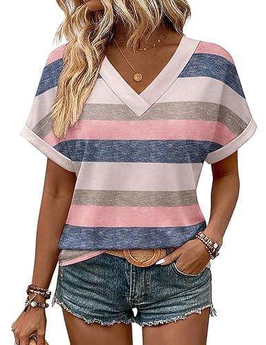 Zeagoo Womens Summer Tops Rolled Short Sleeve V Neck Shirts Casual Dressy Business Work Blouses Outfits thumbnail 3