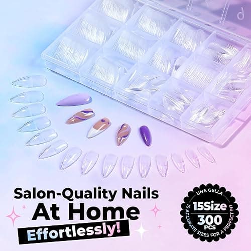 UNA GELLA Stiletto Gel Nail Tips Medium 15 Sizes 300PCS Pre-Etched Clear Acrylic Nail Tips Easy DIY Salon Stiletto Almond Press On Nails Snug Fit Full False Fake Tips Extensions Long-Lasting Hold thumbnail 8