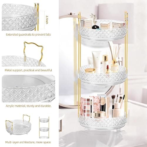 LAREKUN 360 Rotating Rotating Makeup Organizer for Vanity, 3 Tier Perfume Skincare Organizers and Storage for Bathroom Countertop, Clear Spinning Counter Cosmetic Holder for Dresser,Clear thumbnail 3