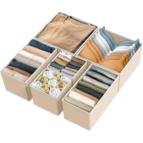 SimpleHouseware Foldable Cloth Storage Box Closet Dresser Drawer Divider Organizer Basket Bins for Underwear Bras, Beige (Set of 6) - Image 1