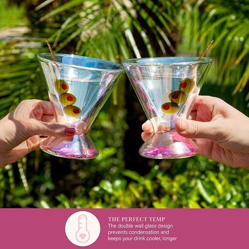Paris Hilton 2-Piece Martini Glass Set, Double Wall Glass Design, Great for Martinis, Cocktails, Cosmopolitans, Margaritas, 207mL, 7-Ounce, Iridescent with Glitter Hearts thumbnail 7