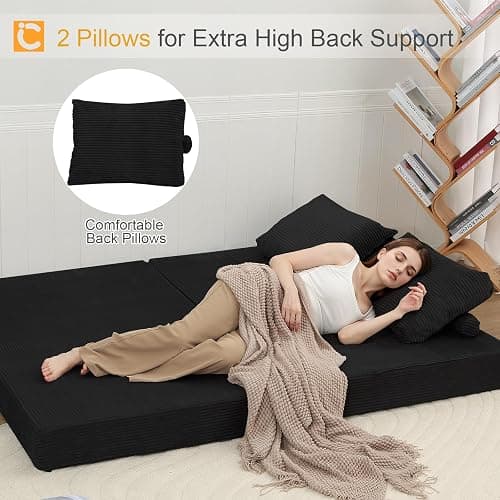 COMAX Convertible Sofa Bed, Folding Floor Couch Corduroy Fold Out Couch Bed Futon Sleeper Mattress with Pillows, Boneless Sofa Comfy Lounge Loveseat for Living Room Bedroom, Black thumbnail 8