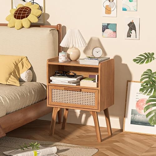 Lerliuo Rattan Nightstand, Side Table with Drawer Open Shelf | Bedside End Table with Solid Wood Legs, Mid Century Modern Night Stand for Bedroom, Dorm and Small Spaces (Tea Brown) thumbnail 2