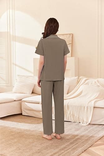 Ekouaer Women's 100% Cotton Pajamas Set Short Sleeve Button Down Pjs 2 Piece Soft Sleepwear with Long Pants Lounge Set thumbnail 2
