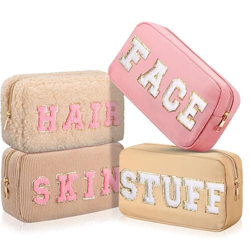 Kajaia 4 Pcs Preppy Makeup Bags Chenille Letter Stuff Bag Cute Cosmetic Pouch Cases for Women Trave Toiletry spend the night(Simple Color,Charming) - Simple Color - Charming - Image 1