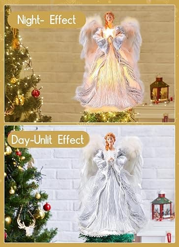 Christmas Tree Topper Angel with Lights, Xmas Tree Toppers Decorations Ornament with White Feather Wings, Plug in Christmas Tree Angel Treetop for Indoor Office Holiday，Silver thumbnail 7
