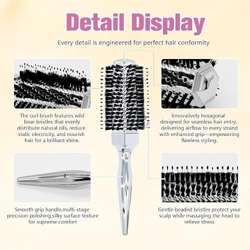 Forest of Dreams Round Hair Brush with Wild Boar Bristles – Specialized for Blowouts & Styling at Home or Salon, Suitable for All Hair Types.Silver thumbnail 7