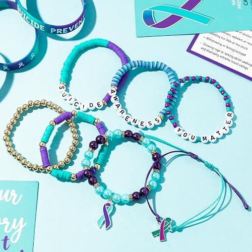 Y1tvei Suicide Awareness Bracelets Set- 7Pcs Suicide Prevention Awareness Colorful Clay Bead Surfer Bracelet with Purple Teal Ribbon Motivational Jewelry Gift for Suicide Mental Health Care Supplies thumbnail 2