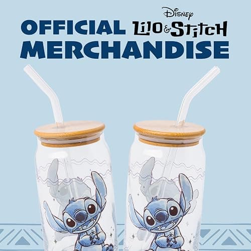 Silver Buffalo Disney Lilo and Stitch Sitting Glass Jar Tumbler with Bamboo Lid and Glass Straw, 16 Ounces thumbnail 6