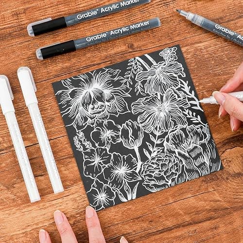 Grabie 6 Pack of Black & White Acrylic Paint Markers, 0.7 mm Extra Fine Tip | Extra Fine Tip, Quick Drying, Waterproof And Fade Resistant, Fine Details And Highlights, Rock Glass Wood Canvas Ceramic thumbnail 2