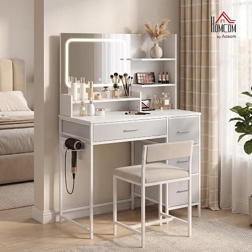 HOMCOM Tocador de Maquillaje con Espejo LED con Estación de Carga Blanco | Tocador, 3 Colores de Luz, 4 Cajones, 5 Estantes Abiertos, Soporte para Secador, Estructura Metálica, para Dormitorio thumbnail 3