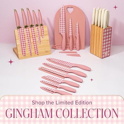 Paris Hilton Kitchen Knife Set, Stainless Steel Blades with Ergonomic Soft Touch Handles and Blade Guards, Gingham Design, 12-Piece, Pink thumbnail 4