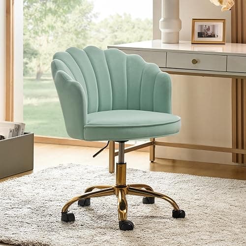 HULALA HOME Velvet Home Office Chair with Gold Base, Womans Modern Cute Shell Back Upholstered Desk Chair for Vanity, Adjustable Swivel Task Chair for Living Room, Sage - Image 1