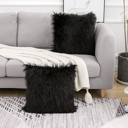 WLNUI Black Faux Fur Throw Pillow Covers 18x18 Inch Set of 2, Luxury Fluffy Shaggy Plush Cushion Cases for Couch Sofa Bed Living Room Decor, Soft Fuzzy Pillow Covers with Hidden Zipper thumbnail 2
