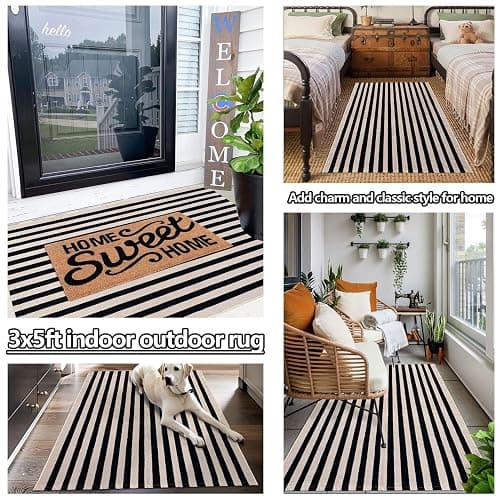 Rustaa Indoor Outdoor Rug 3x5 Front Door Mat Outdoor Cotton Welcome Mat Outdoor Farmhouse Layered Mat Washable Stripe Outdoor Mats for Entrance Front Door Porch Balcony(Black/Tan) thumbnail 4