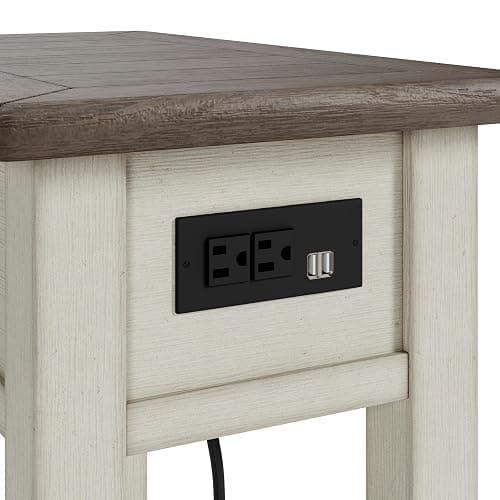 Signature Design by Ashley Bolanburg Chairside End Table With Charging Station, Two-Tone Wood Accent Table With Drawer Storage, Plank Top Design for Living Room or Bedroom, Antique White thumbnail 11