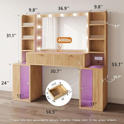 56'' Fluted Wooden Vanity with RGB Hollywood Lights & 36" HD Mirror -Oak | Big Vanity with Glass Top, Drawers, 16 Storage Area, Boho Makeup Vanity With Charging Station for Girls, Women , Bedroom -Oak thumbnail 2