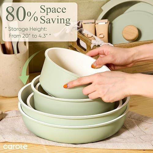 CAROTE Pots and Pans Set, Nonstick Cookware Set Detachable Handle, 19pcs Induction Kitchen Cookware Sets Non Stick with Removable Handle, RV Cookware Set, Oven Safe, Sage Green thumbnail 7