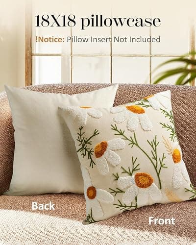 Kokaaee Embroidered Throw Pillow Covers 18x18 Inch - Set of 2 Summer Decorative Pillow Covers with Zipper Aesthetic Cute Design Throw Pillowcases for Couch Sofa Bed, Daisy thumbnail 5