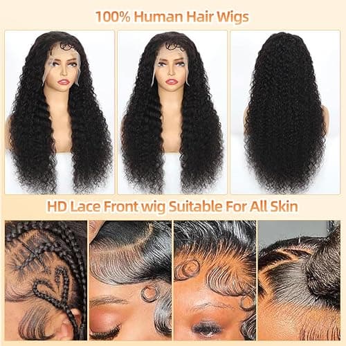 COLORSUPIDOL 32 Inch Deep Wave Lace Front Wigs Human Hair Natural Density 13x4 HD Transparent Lace Frontal Wigs Human Hair Pre Plucked Deep Curly Glueless Wigs for Black Women Natural Color thumbnail 5