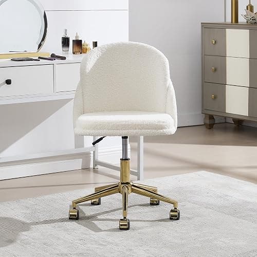 Faux Fur Desk Chair, Comfy Boucle Makeup Vanity Chair Modern Upholstered Fluffy Swivel Chair with Wheels Golden Metal Base, Height Ajdustable for Girls, Home Office Living Dressing Room Bedroom, White thumbnail 2
