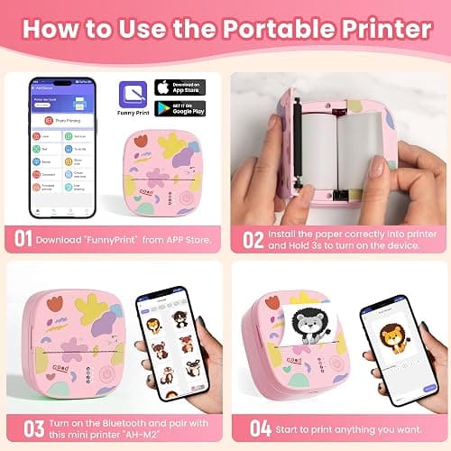 XenGro Mini Sticker Printer AHM2, Mini Thermal Printer with 3 Rolls Paper, Bluetooth Inkless Printpods, Pocket Label Maker Suitable for Creative Kids DIY, Diaries, Photos, Study Notes -Light Pink thumbnail 3